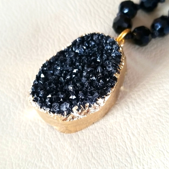 Hand Crafted Glass Bead Necklace With Natural Black Druzy Crystal Pendant - Picture 11 of 16